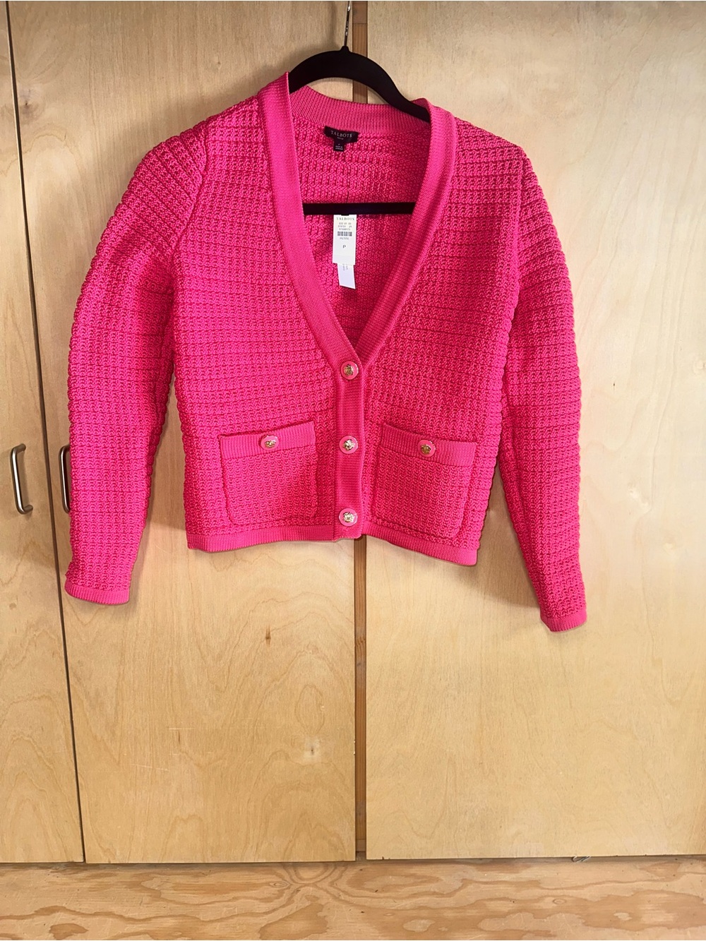 Talbots Hot Pink Textured V-Neck Cardigan with Gold Button
